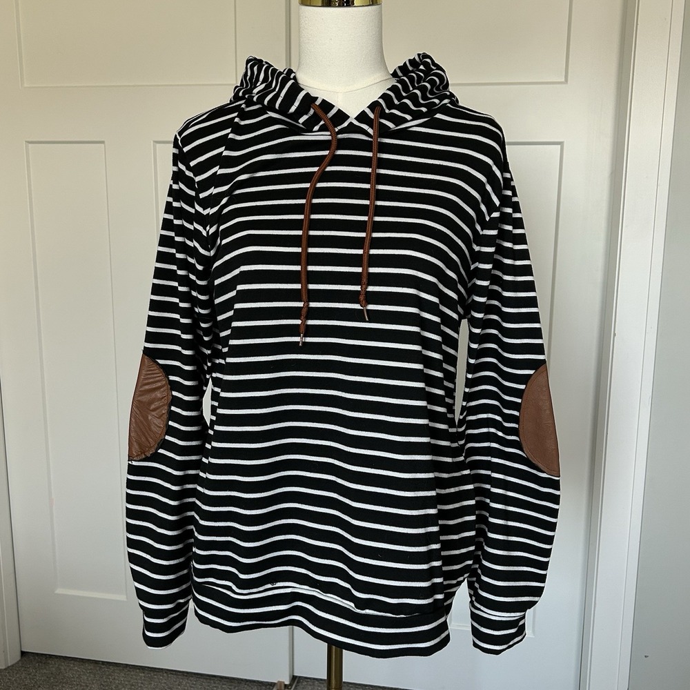Cellabie Black & White Stripe Hoodie - Women's 2XL - Tan Elbow Patches